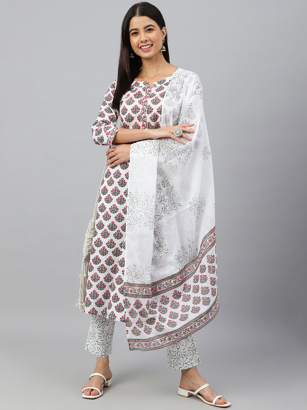 Janasya Women's White Cotton Floral Block Print Kurta With Pant And Dupatta