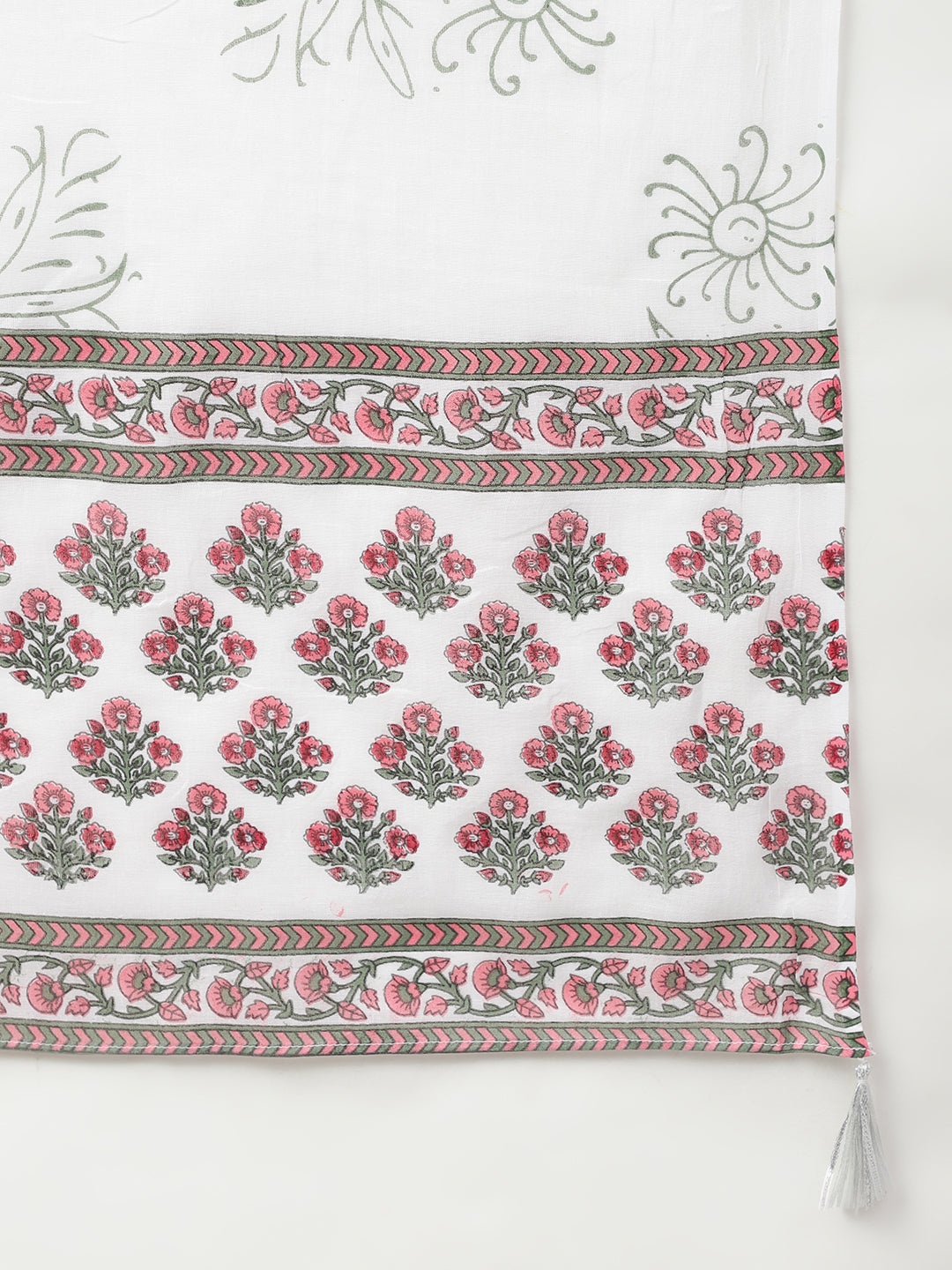 Janasya Women's White Cotton Floral Block Print Kurta With Pant And Dupatta