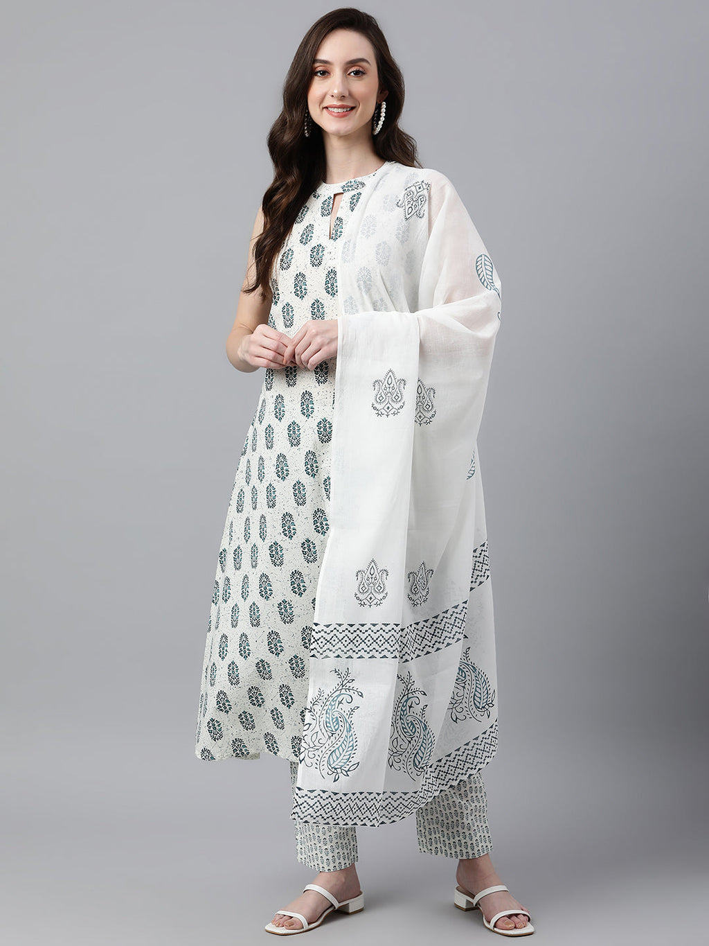 Janasya Women's White Cotton Floral Print Kurta With Pant And Dupatta