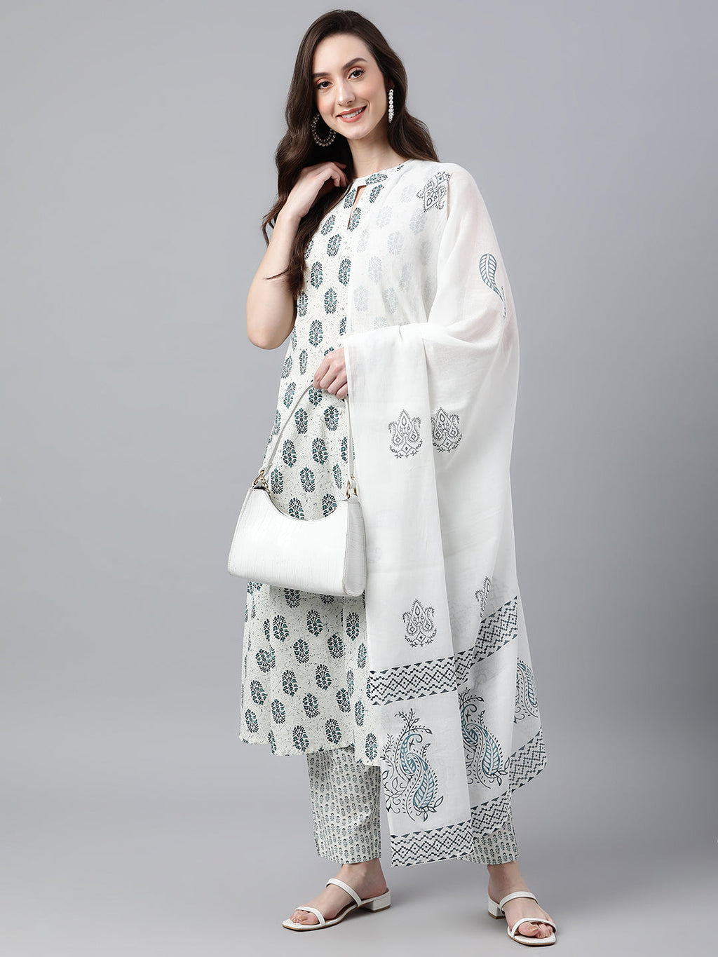 Janasya Women's White Cotton Floral Print Kurta With Pant And Dupatta