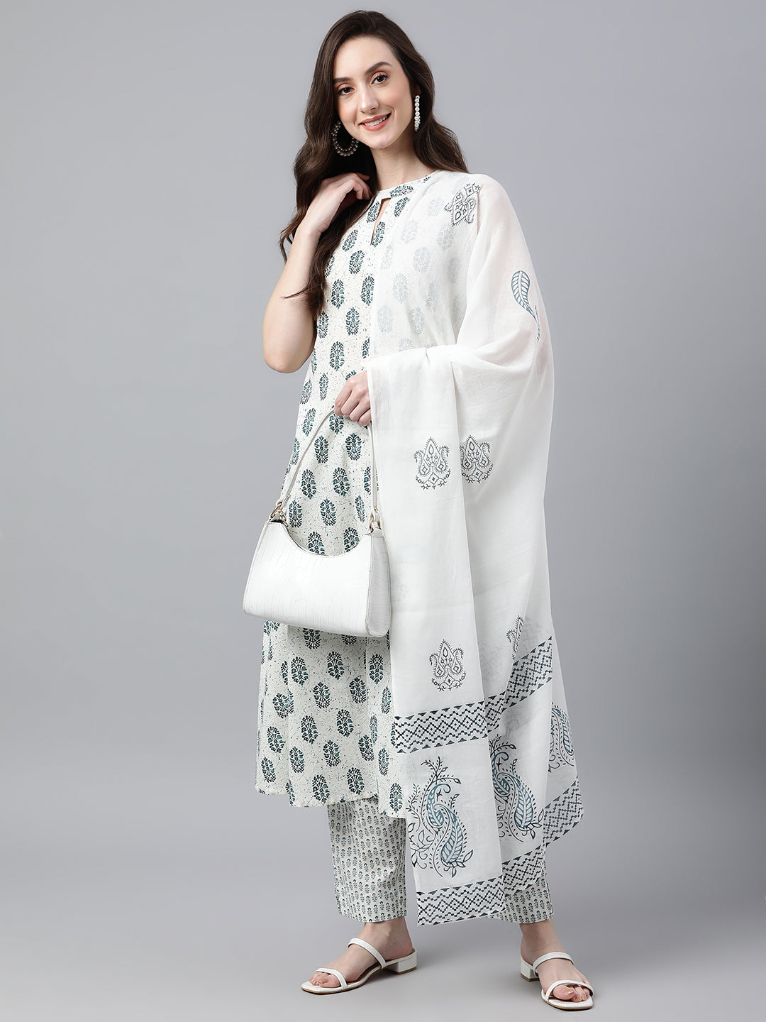Janasya Women's White Cotton Floral Print Kurta With Pant And Dupatta