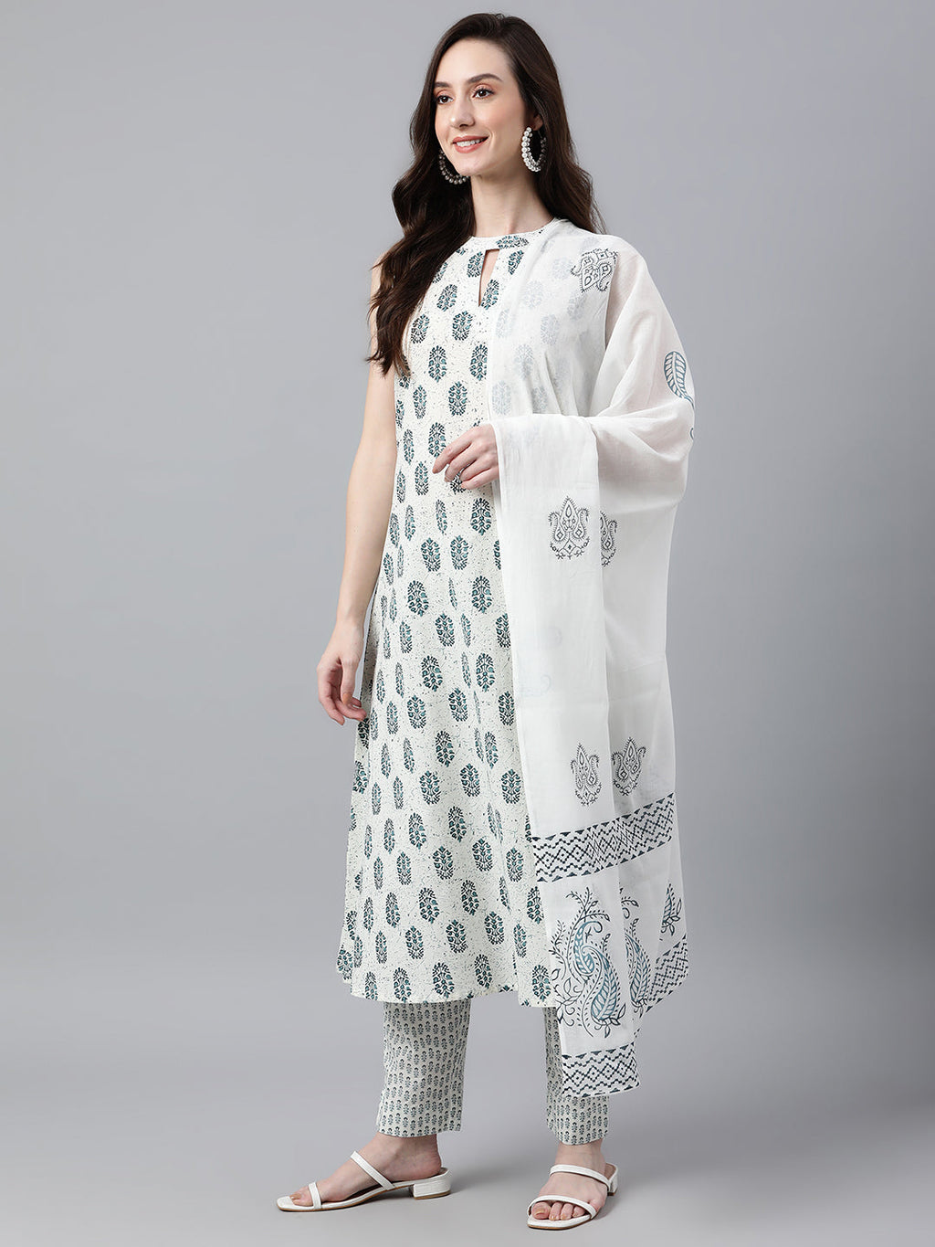 Janasya Women's White Cotton Floral Print Kurta With Pant And Dupatta