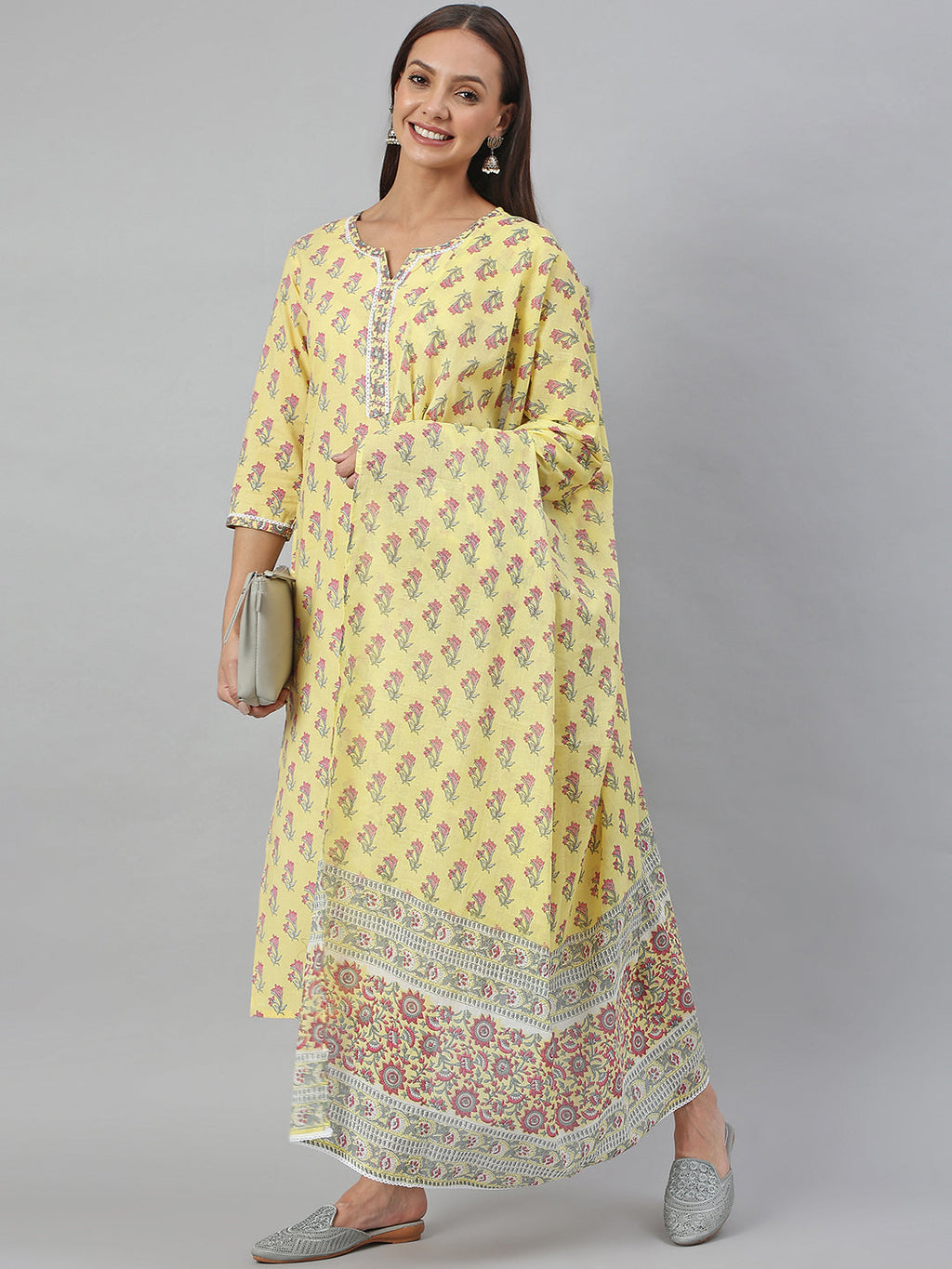 Janasya Women's Yellow Cotton Floral Print Kurta With Pant And Dupatta