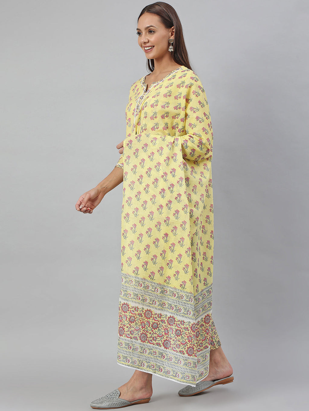 Janasya Women's Yellow Cotton Floral Print Kurta With Pant And Dupatta