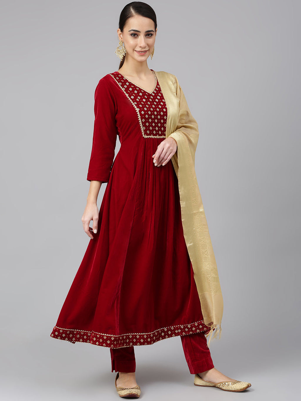 Janasya Women's Maroon Velvet Solid Kurta With Pant And Dupatta