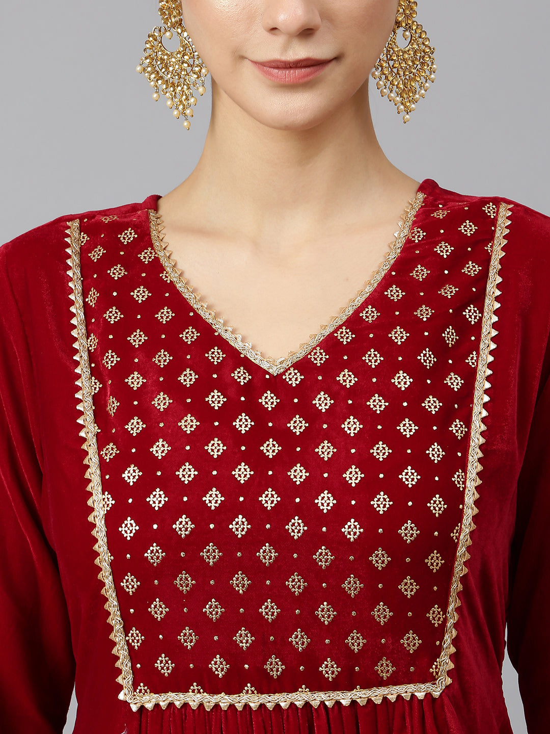 Janasya Women's Maroon Velvet Solid Kurta With Pant And Dupatta