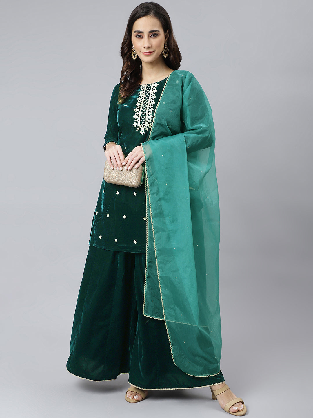 Janasya Women's Dark Green Velvet Floral Embroidery Kurta With Flared Palazzo And Dupatta