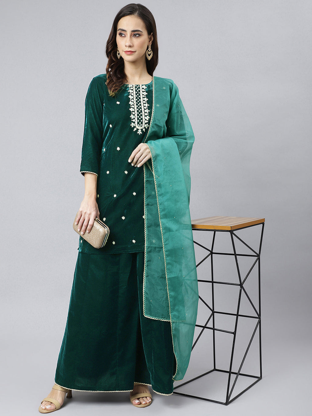 Janasya Women's Dark Green Velvet Floral Embroidery Kurta With Flared Palazzo And Dupatta
