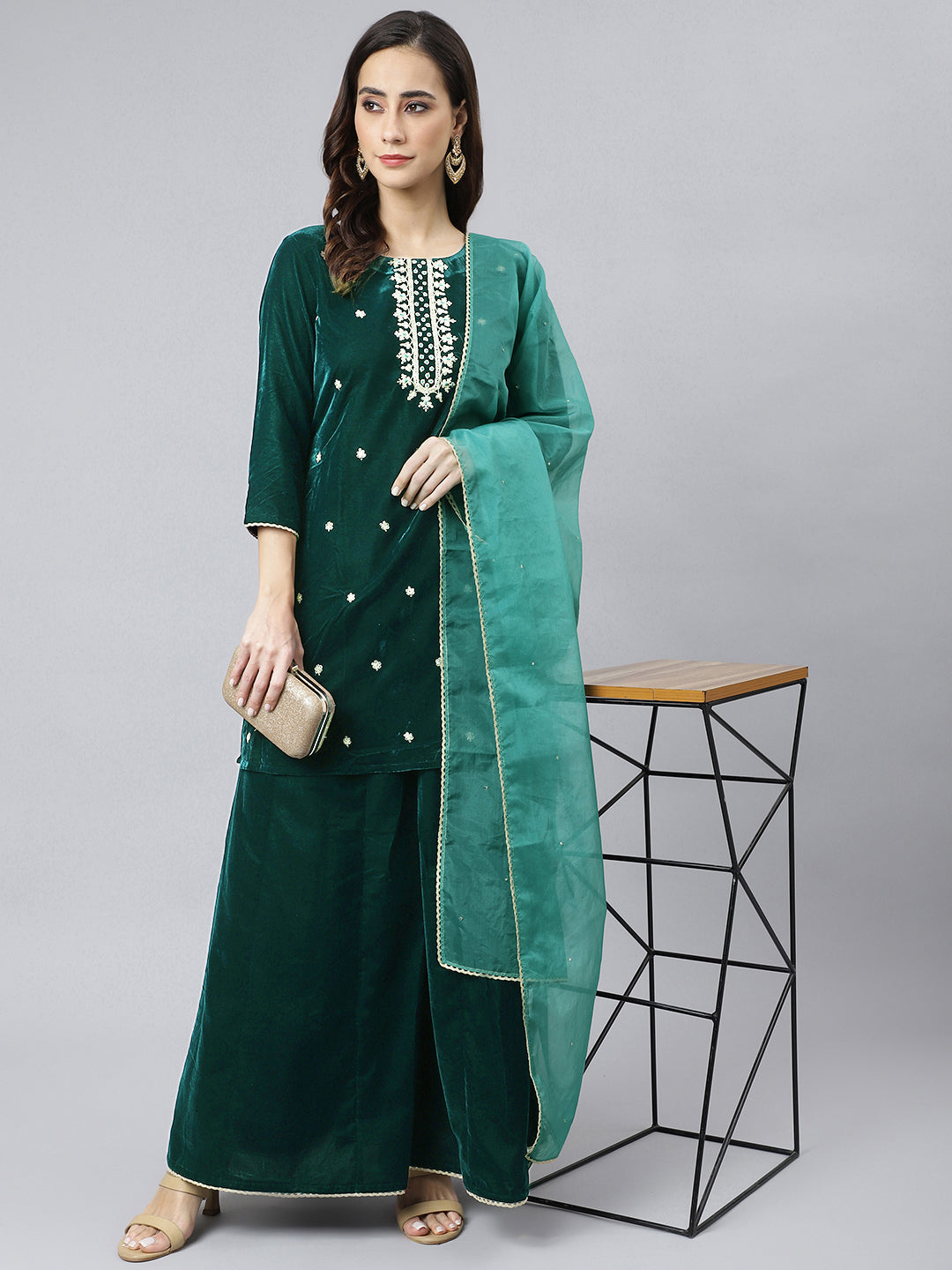 Janasya Women's Dark Green Velvet Floral Embroidery Kurta With Flared Palazzo And Dupatta