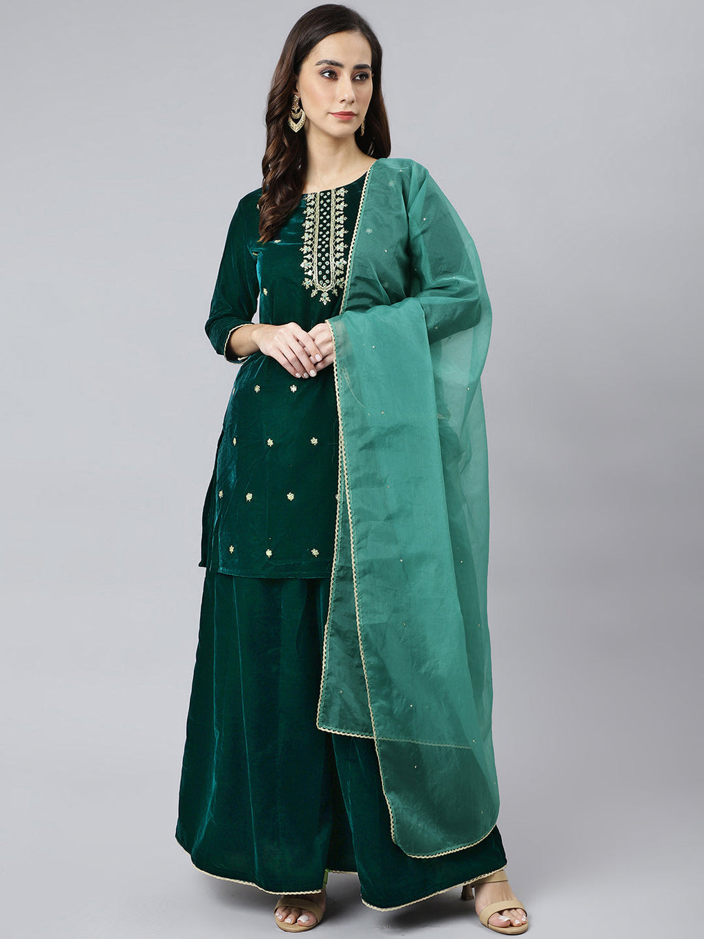 Janasya Women's Dark Green Velvet Floral Embroidery Kurta With Flared Palazzo And Dupatta