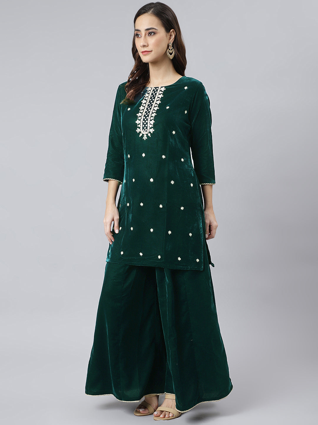 Janasya Women's Dark Green Velvet Floral Embroidery Kurta With Flared Palazzo And Dupatta