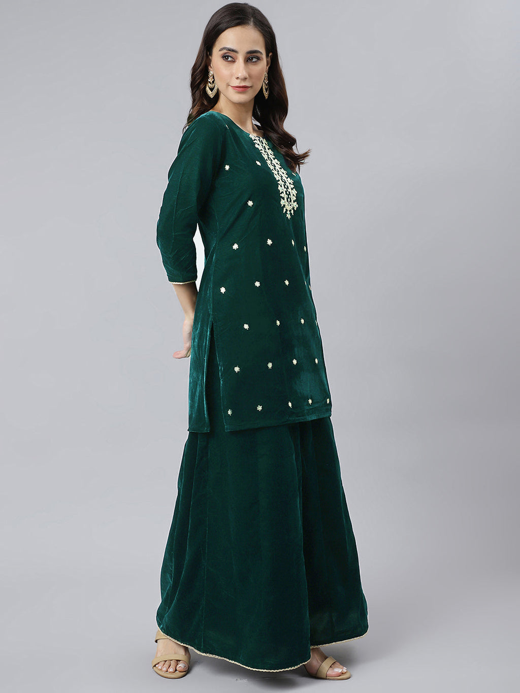 Janasya Women's Dark Green Velvet Floral Embroidery Kurta With Flared Palazzo And Dupatta