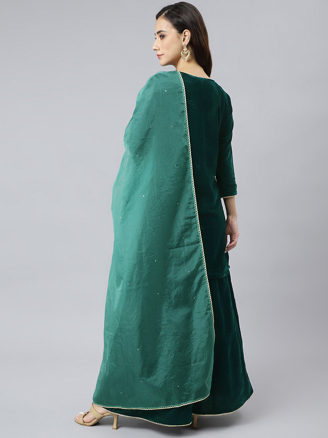 Janasya Women's Dark Green Velvet Floral Embroidery Kurta With Flared Palazzo And Dupatta