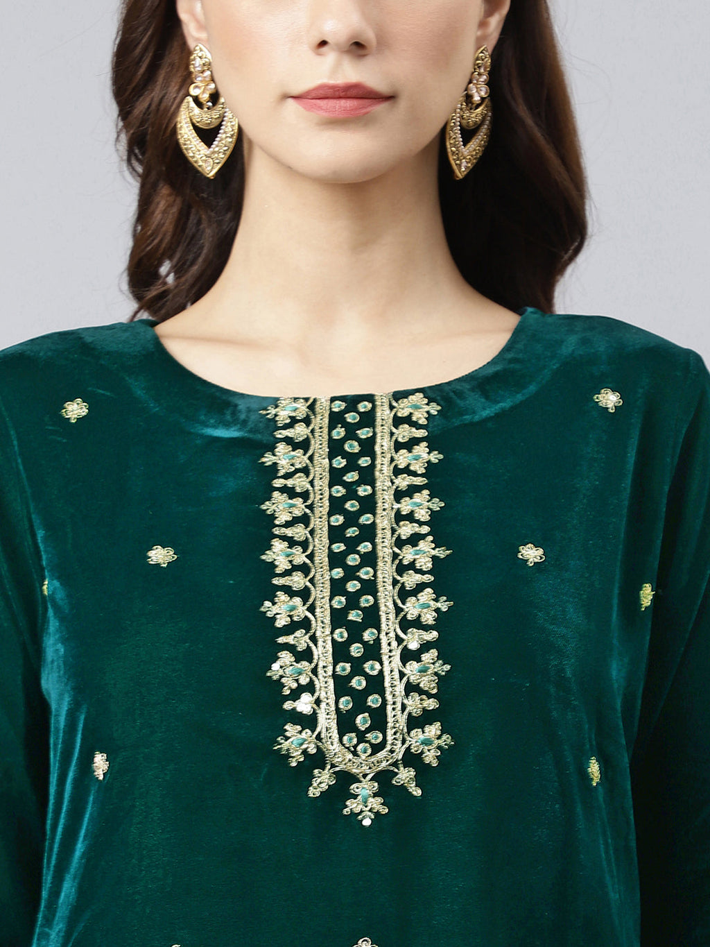 Janasya Women's Dark Green Velvet Floral Embroidery Kurta With Flared Palazzo And Dupatta