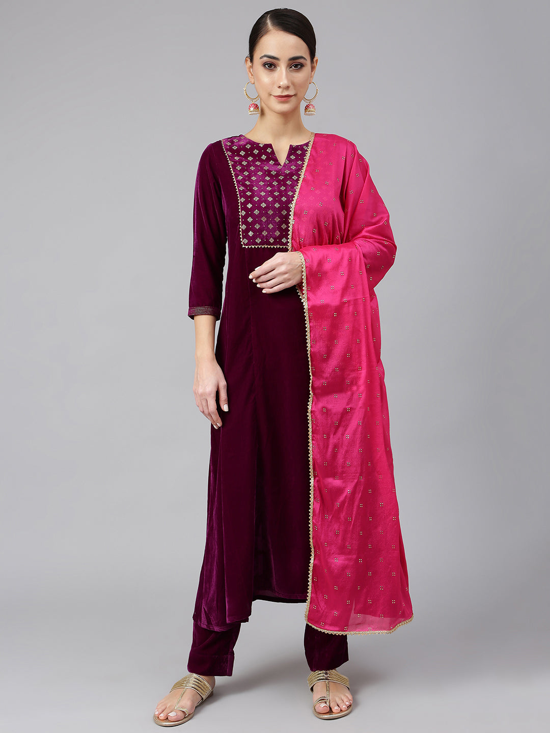 Janasya Women's Purple Velvet Solid Kurta With Pant And Dupatta