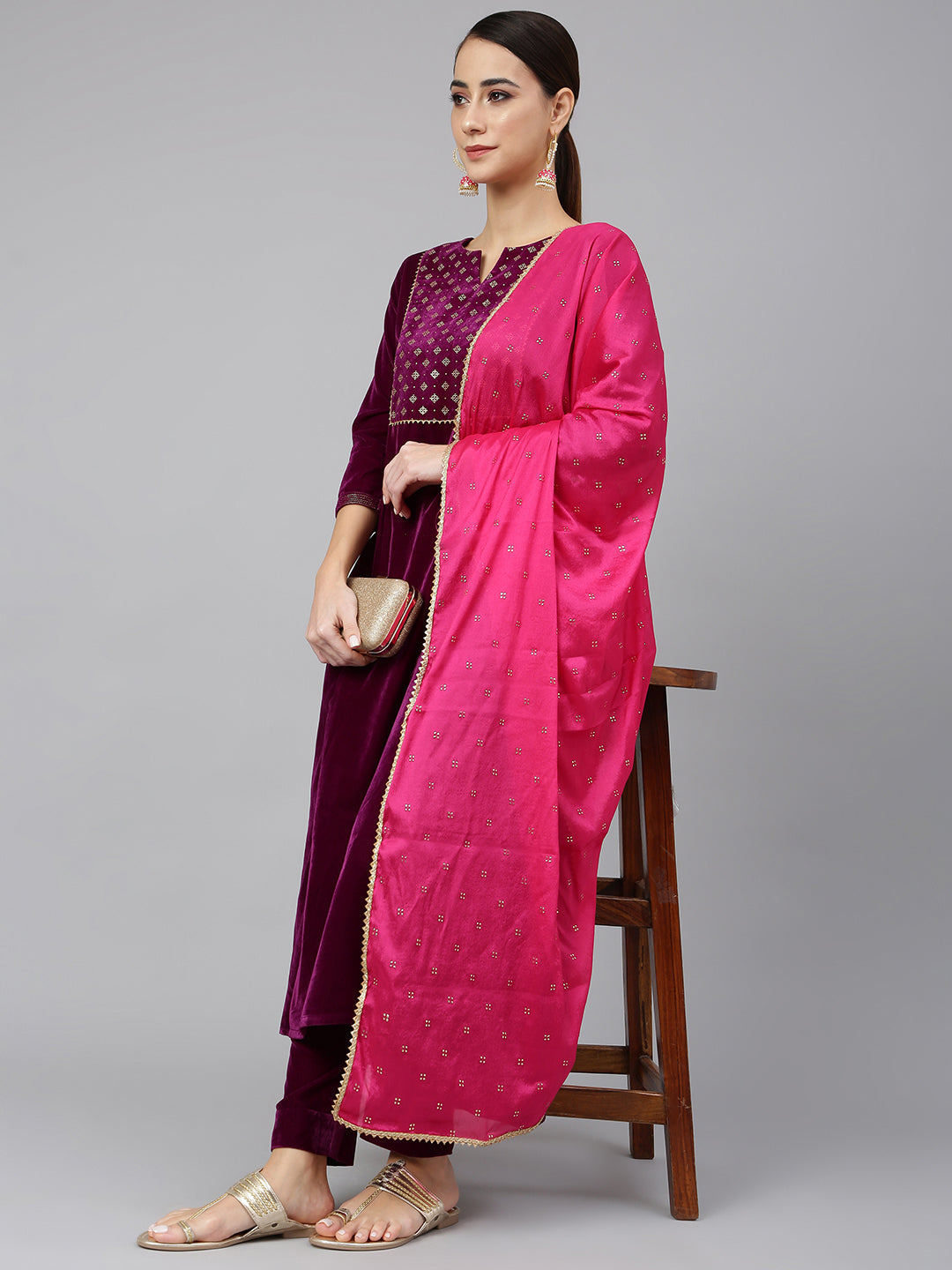 Janasya Women's Purple Velvet Solid Kurta With Pant And Dupatta