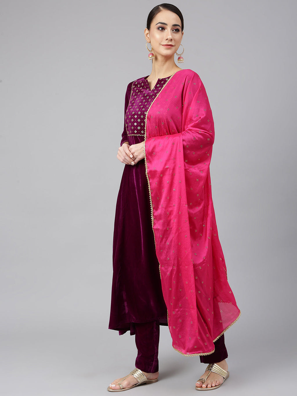 Janasya Women's Purple Velvet Solid Kurta With Pant And Dupatta