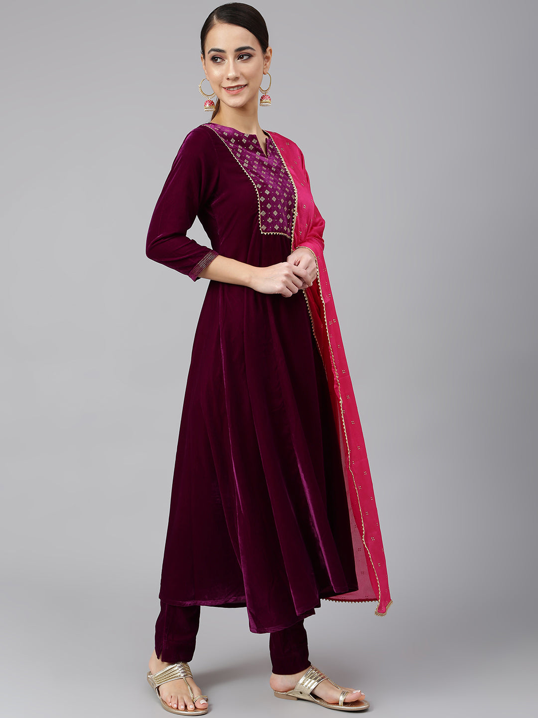 Janasya Women's Purple Velvet Solid Kurta With Pant And Dupatta
