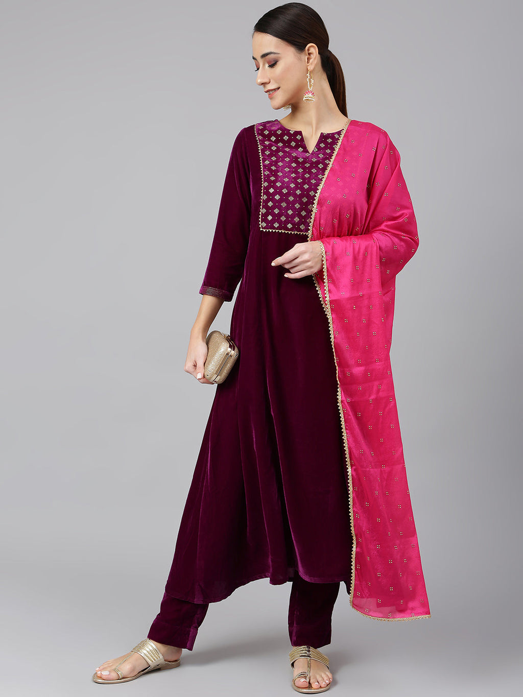 Janasya Women's Purple Velvet Solid Kurta With Pant And Dupatta