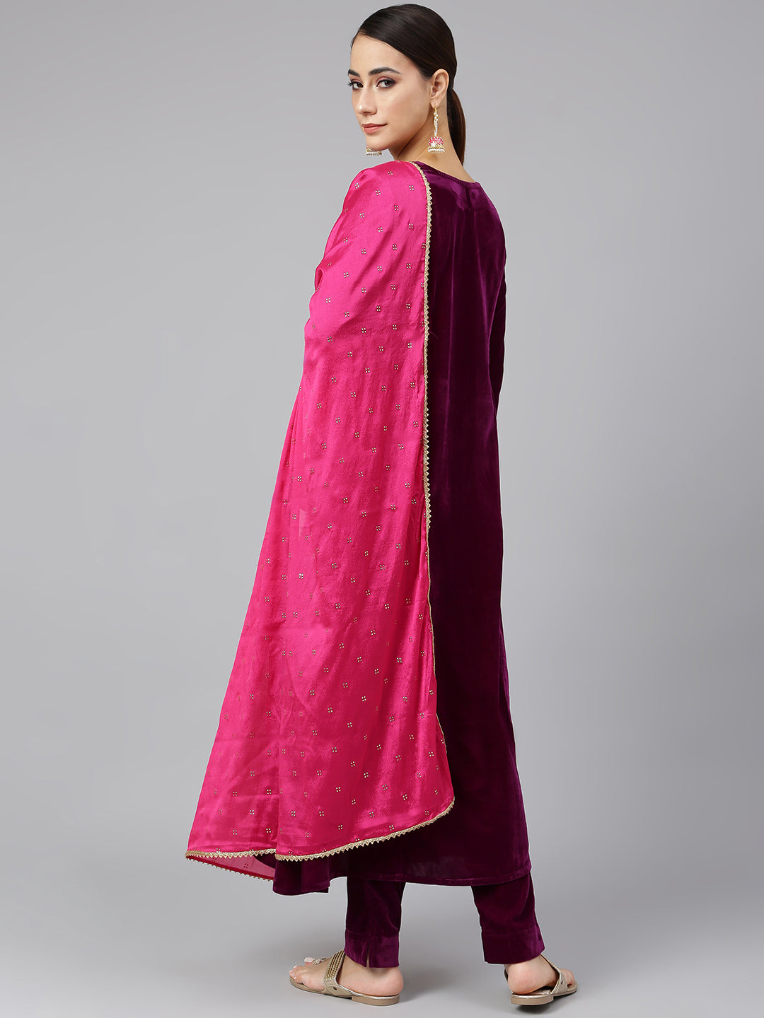 Janasya Women's Purple Velvet Solid Kurta With Pant And Dupatta