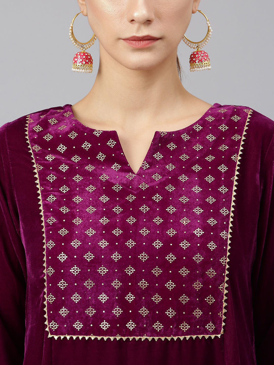 Janasya Women's Purple Velvet Solid Kurta With Pant And Dupatta