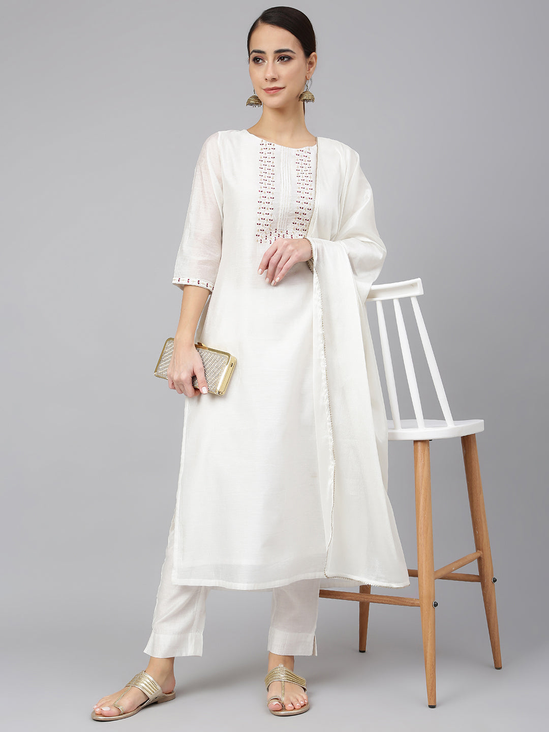 Janasya Women's White Poly Silk Solid Kurta With Pant And Dupatta