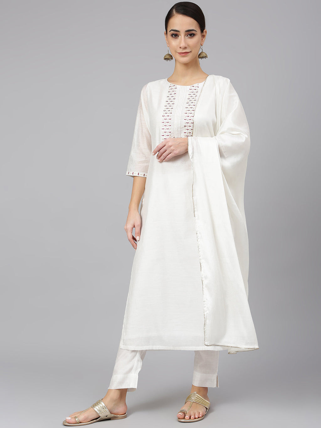 Janasya Women's White Poly Silk Solid Kurta With Pant And Dupatta