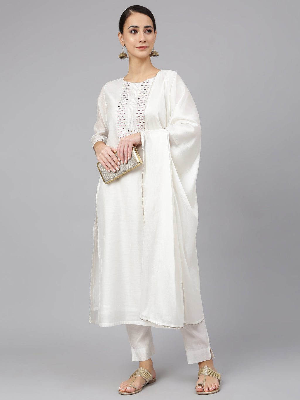 Janasya Women's White Poly Silk Solid Kurta With Pant And Dupatta