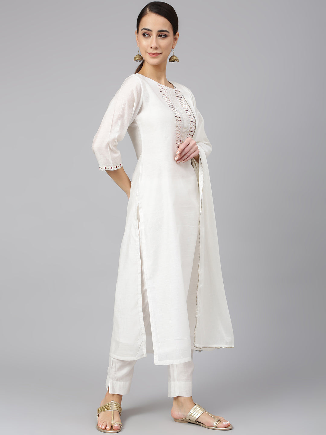 Janasya Women's White Poly Silk Solid Kurta With Pant And Dupatta