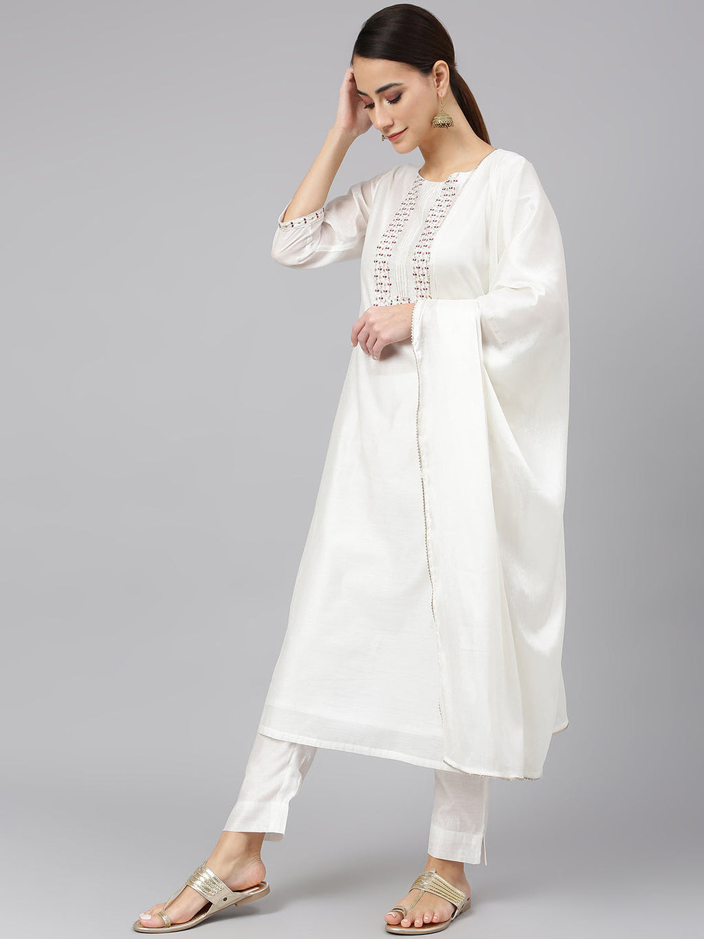 Janasya Women's White Poly Silk Solid Kurta With Pant And Dupatta