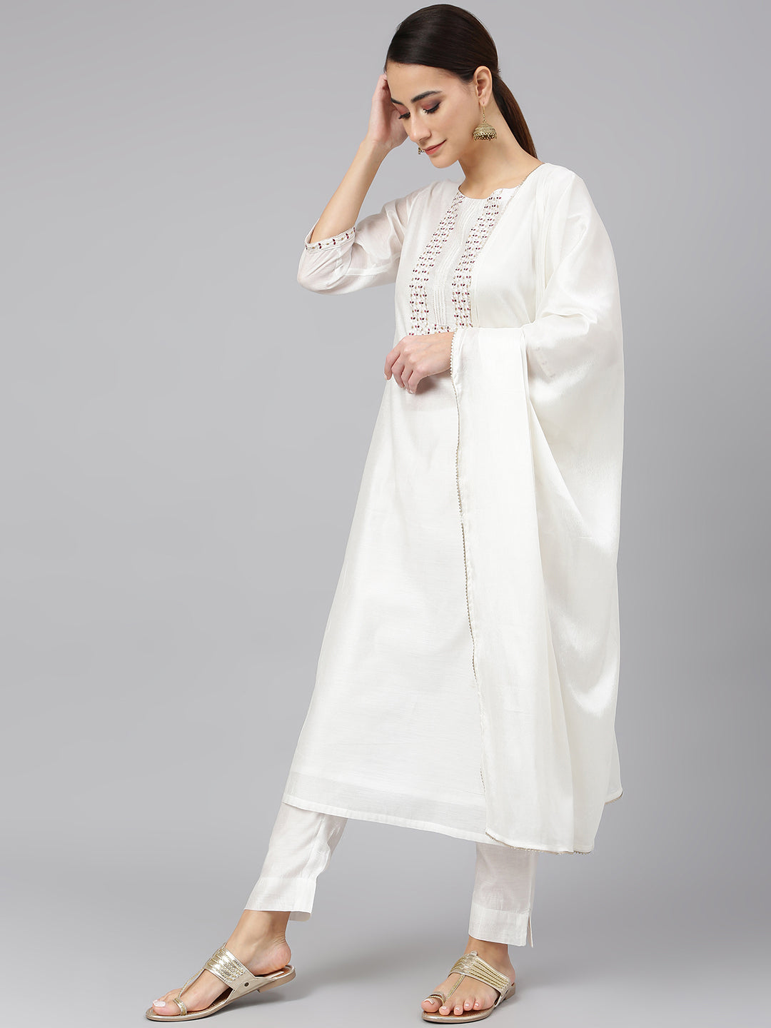 Janasya Women's White Poly Silk Solid Kurta With Pant And Dupatta