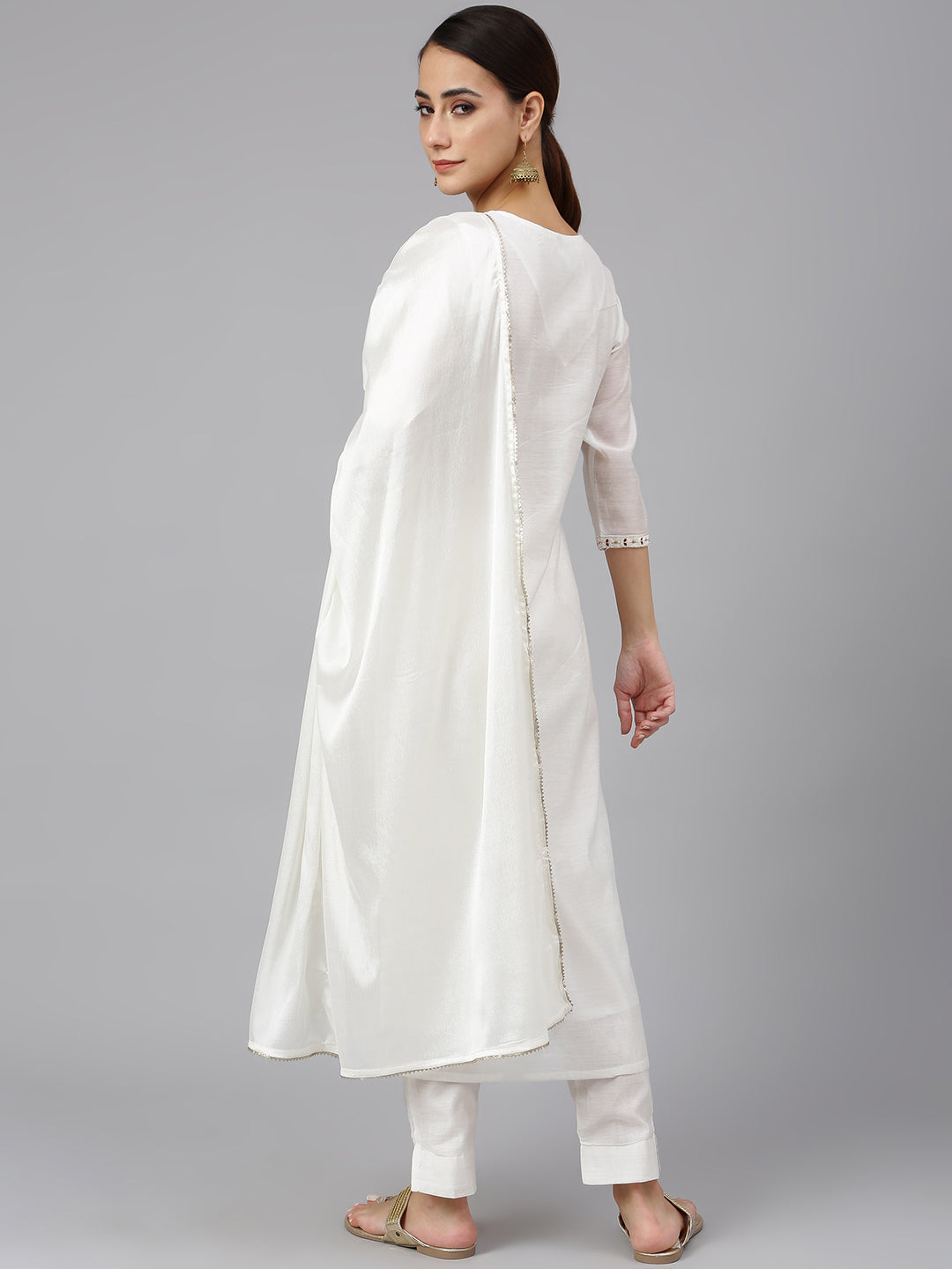 Janasya Women's White Poly Silk Solid Kurta With Pant And Dupatta