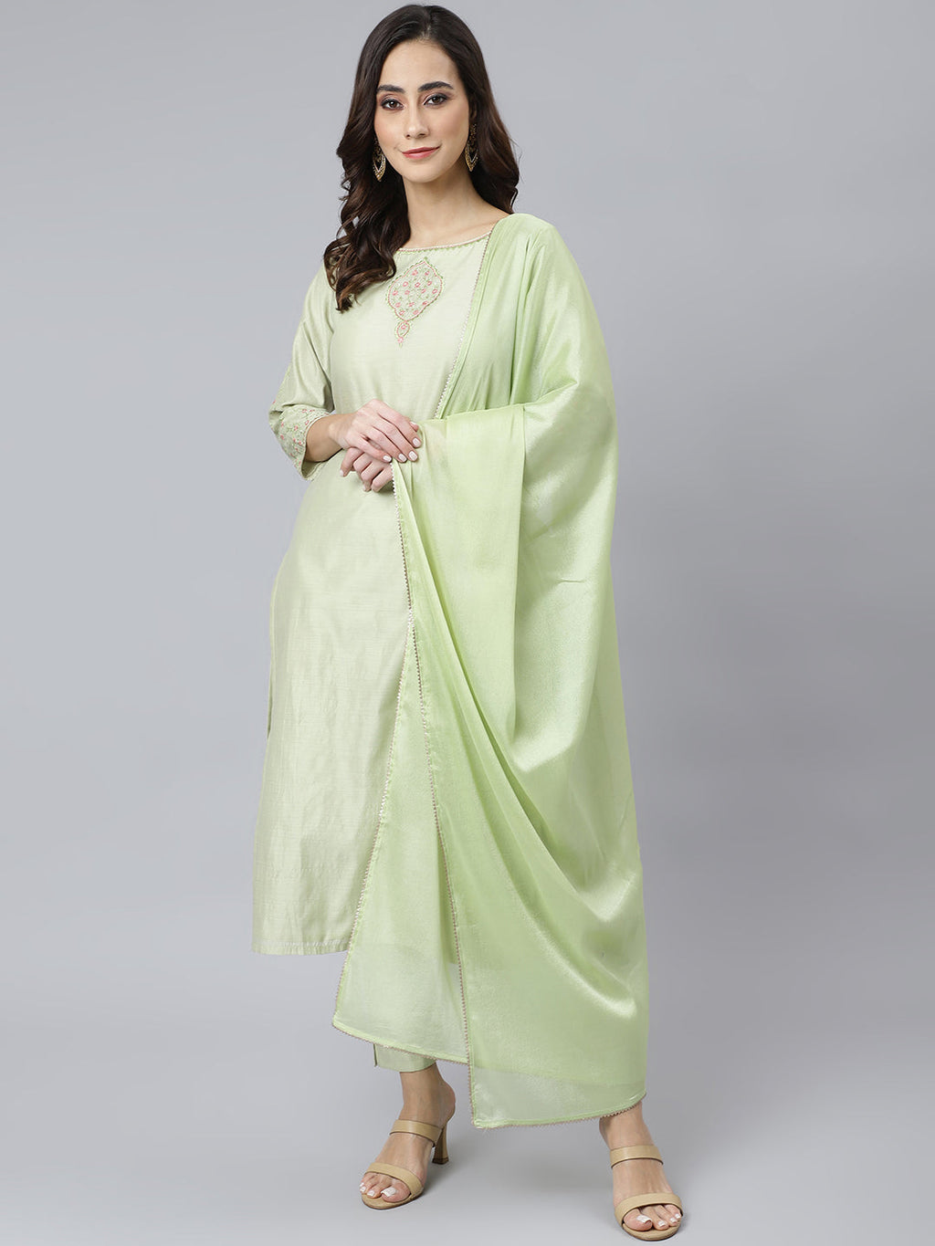 Janasya Women's Sea Green Poly Silk Solid Kurta With Pant And Dupatta