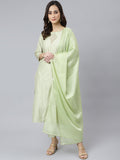 Janasya Women's Sea Green Poly Silk Solid Kurta With Pant And Dupatta