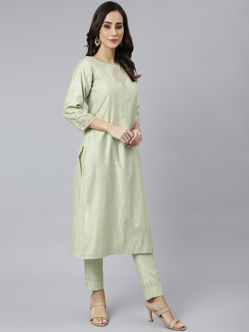 Janasya Women's Sea Green Poly Silk Solid Kurta With Pant And Dupatta