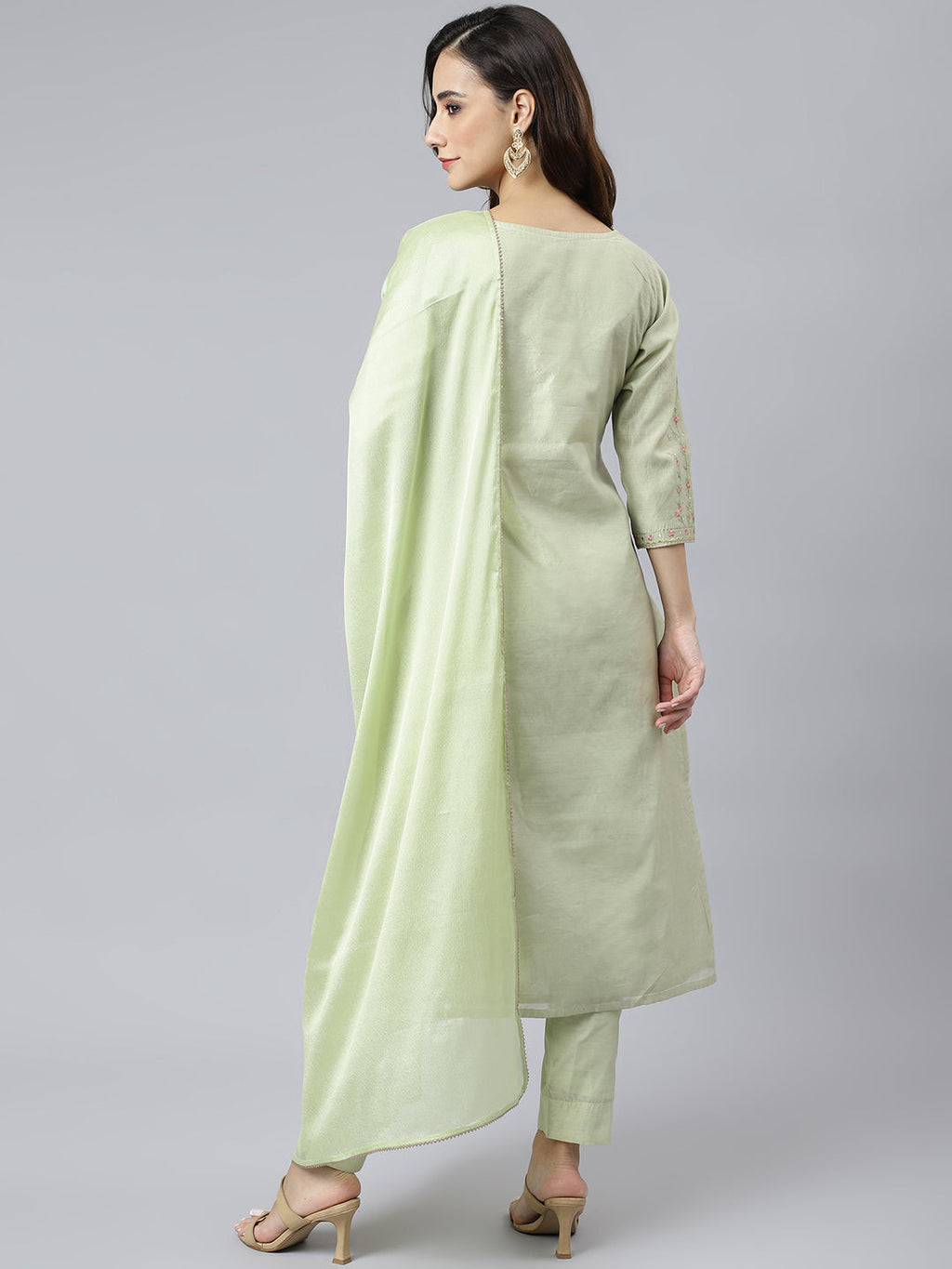 Janasya Women's Sea Green Poly Silk Solid Kurta With Pant And Dupatta