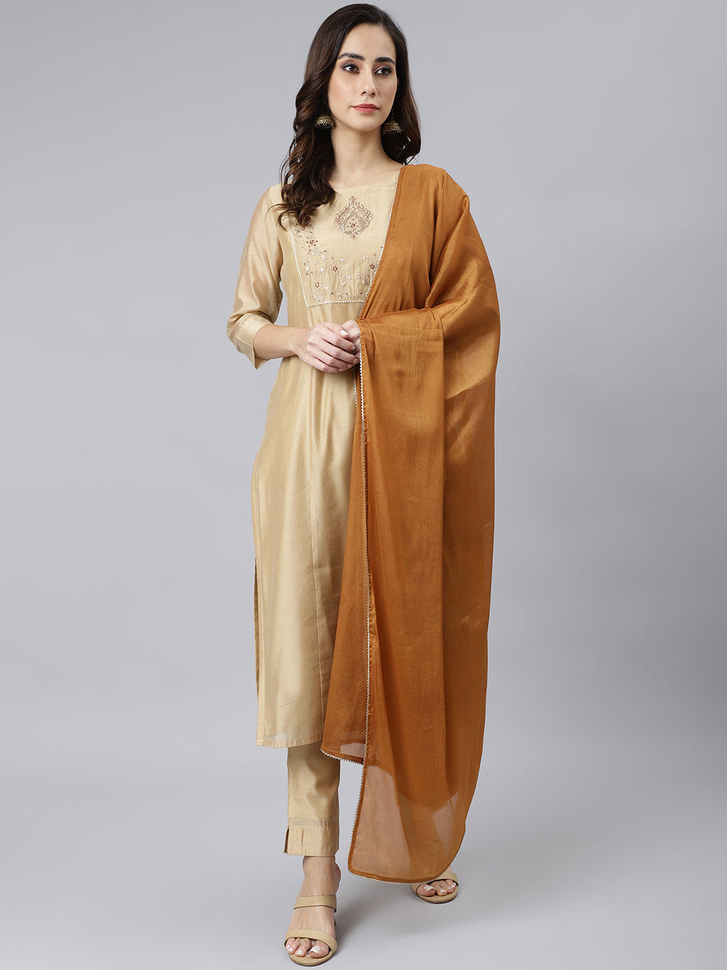 Janasya Women's Beige Chanderi Silk Solid Kurta With Pant And Dupatta