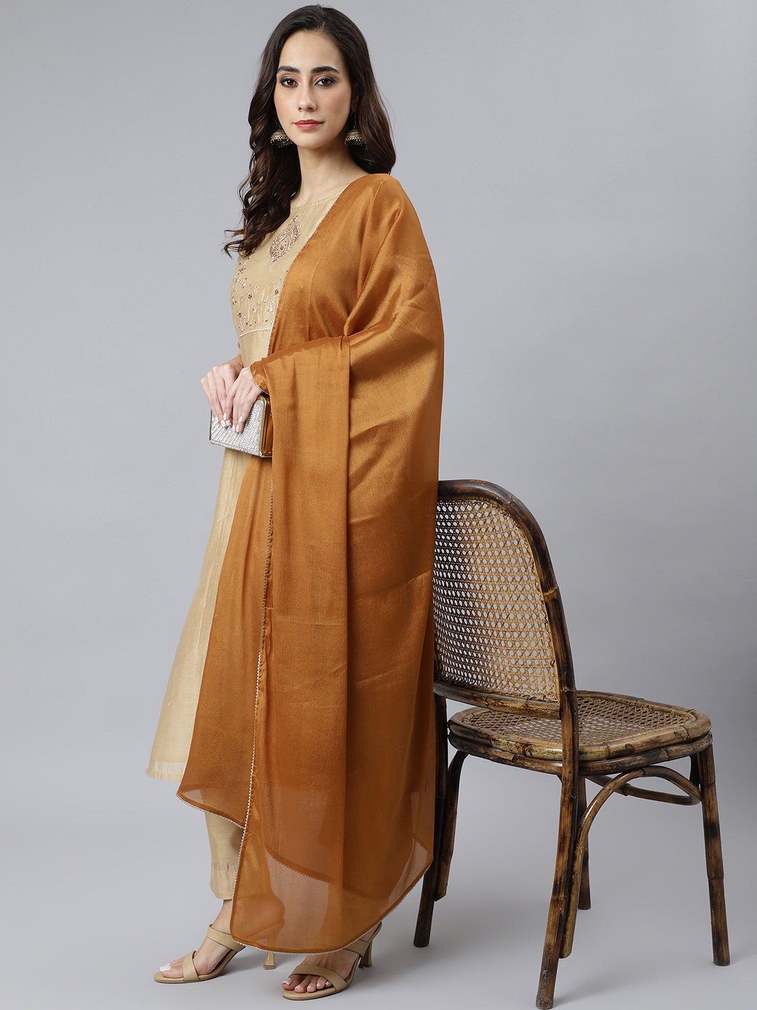 Janasya Women's Beige Chanderi Silk Solid Kurta With Pant And Dupatta