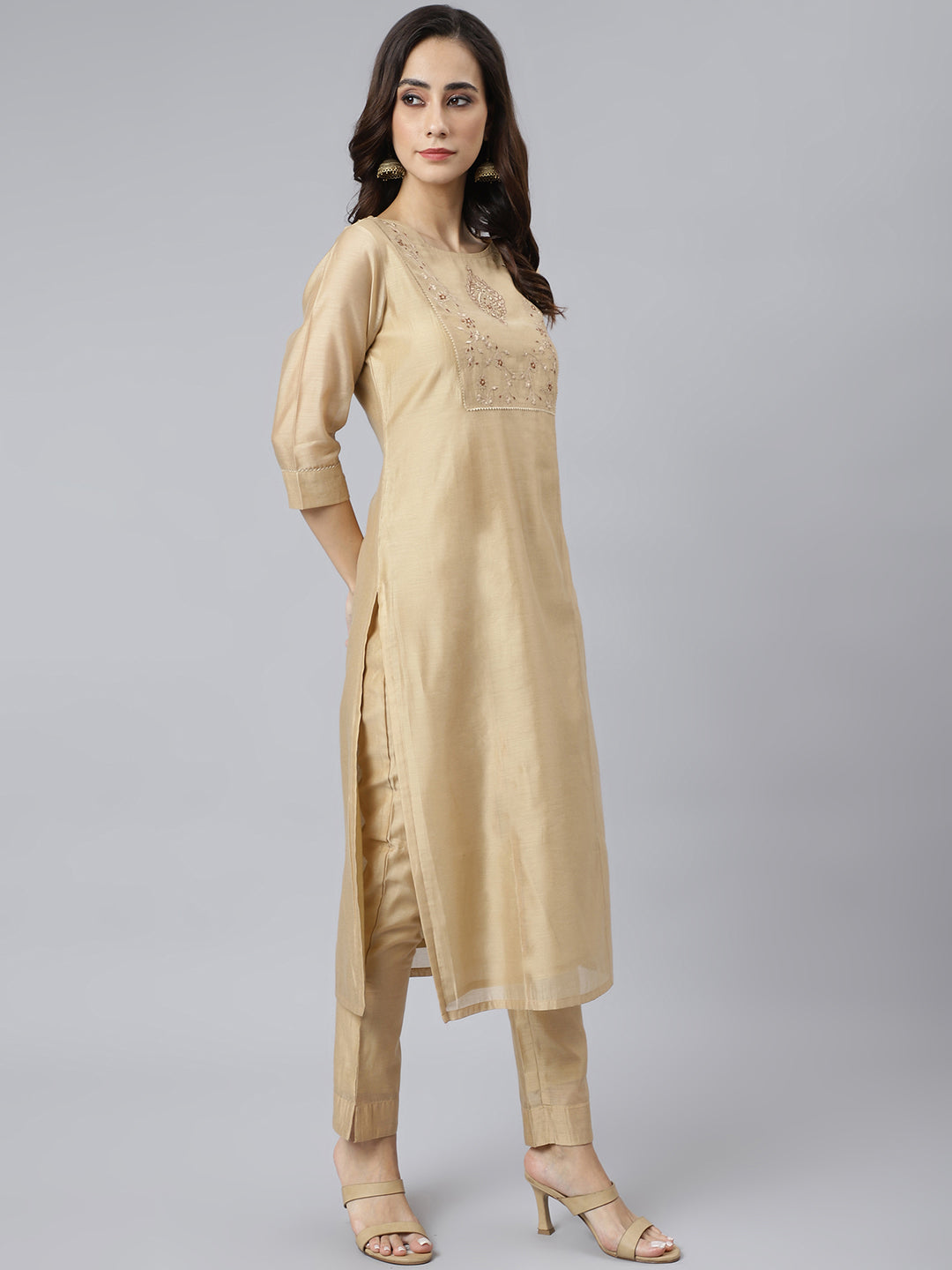 Janasya Women's Beige Chanderi Silk Solid Kurta With Pant And Dupatta