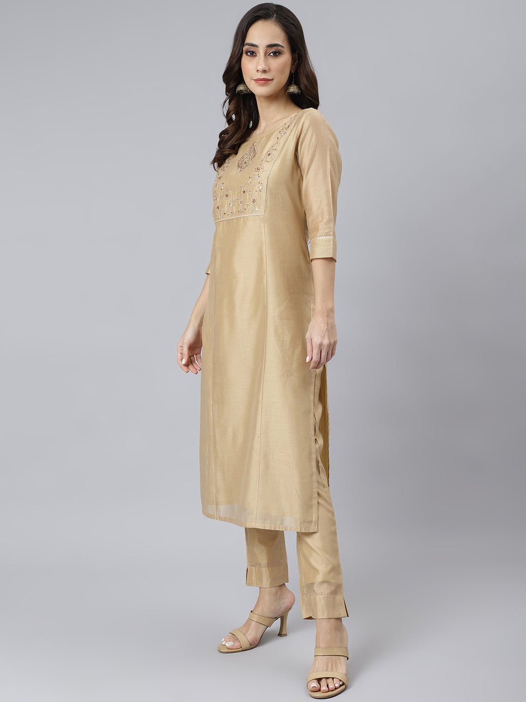 Janasya Women's Beige Chanderi Silk Solid Kurta With Pant And Dupatta