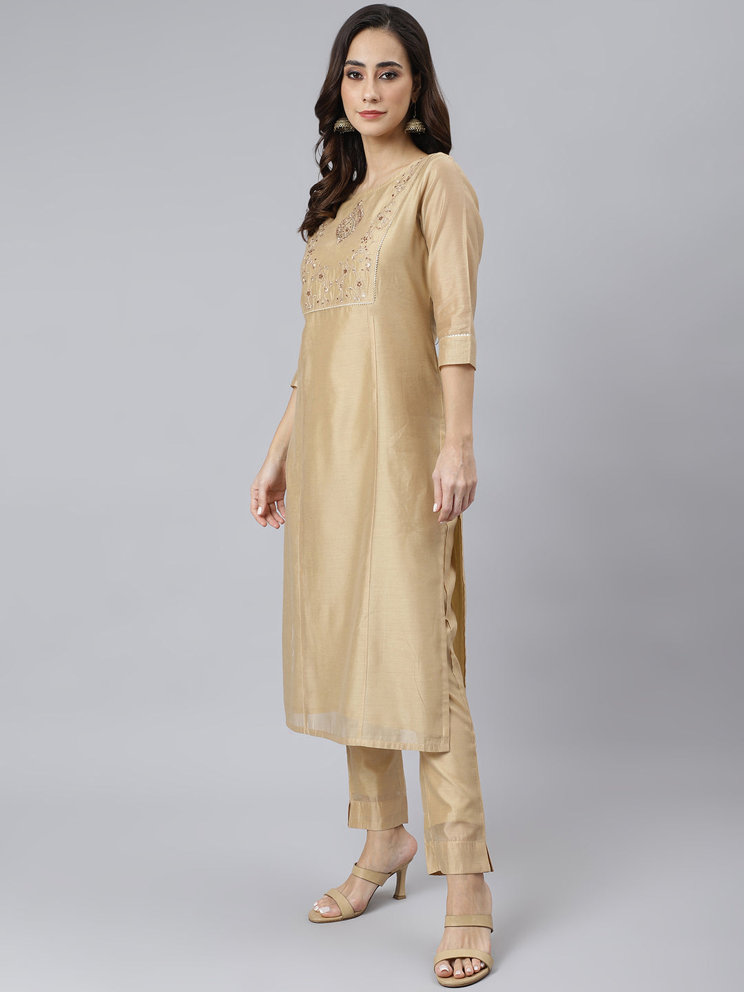 Janasya Women's Beige Chanderi Silk Solid Kurta With Pant And Dupatta