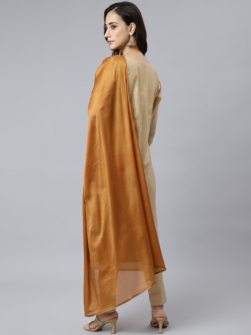 Janasya Women's Beige Chanderi Silk Solid Kurta With Pant And Dupatta