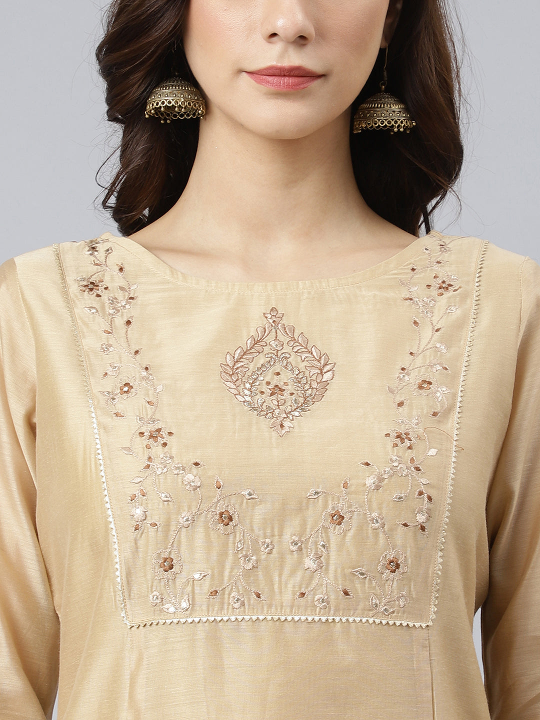 Janasya Women's Beige Chanderi Silk Solid Kurta With Pant And Dupatta