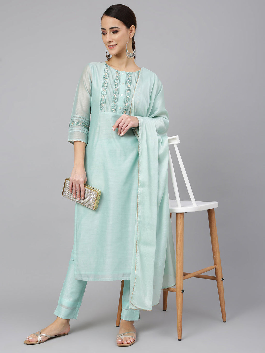 Janasya Women's Sea Blue Chanderi Silk Solid Kurta With Pant And Dupatta