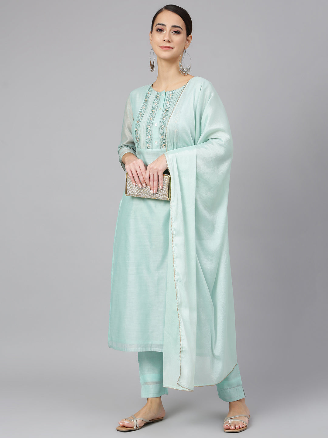 Janasya Women's Sea Blue Chanderi Silk Solid Kurta With Pant And Dupatta