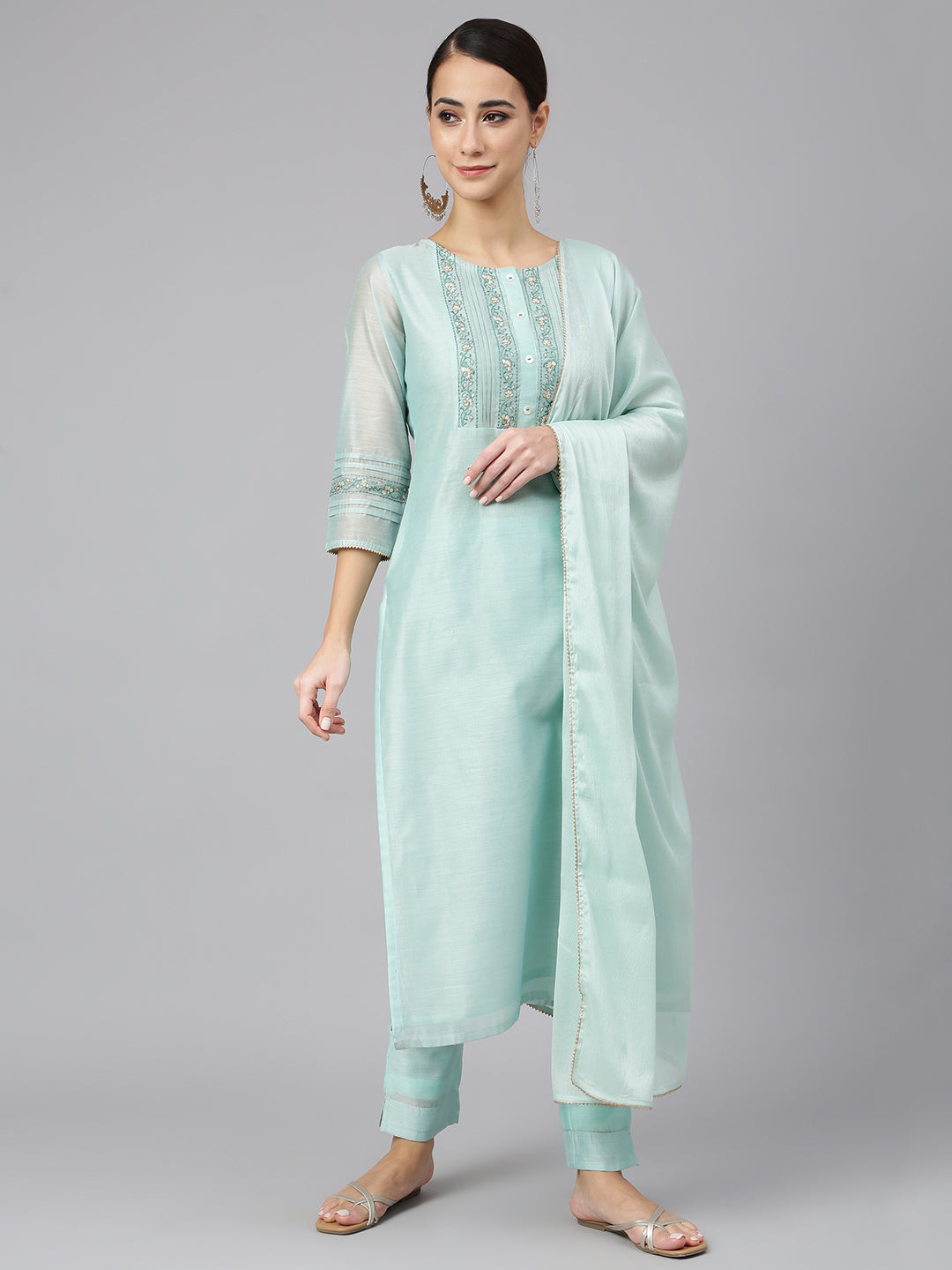 Janasya Women's Sea Blue Chanderi Silk Solid Kurta With Pant And Dupatta
