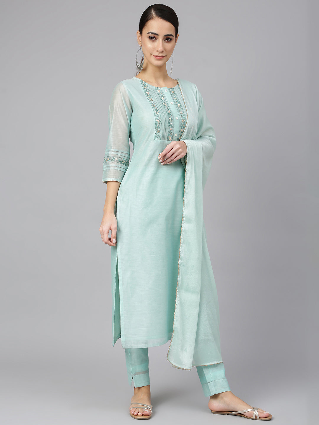 Janasya Women's Sea Blue Chanderi Silk Solid Kurta With Pant And Dupatta