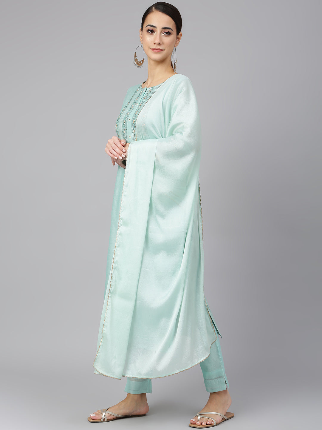 Janasya Women's Sea Blue Chanderi Silk Solid Kurta With Pant And Dupatta