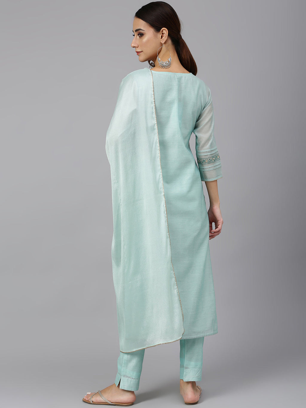 Janasya Women's Sea Blue Chanderi Silk Solid Kurta With Pant And Dupatta
