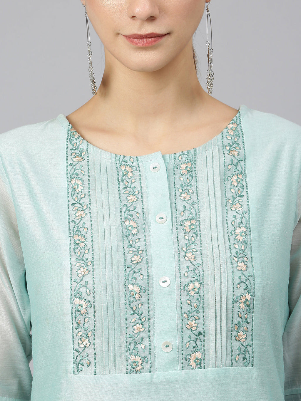 Janasya Women's Sea Blue Chanderi Silk Solid Kurta With Pant And Dupatta